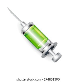 syringe with green liquid isolated on white background