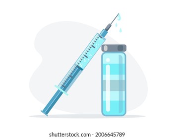 Syringe and green vaccine vial, bottle of medicine on gray background. Coronavirus concept. Injection tool for immunization treatment. Coronavirus vaccine background. Vector flat illustration. 