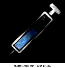 Syringe halftone vector icon. Illustration style is dotted iconic syringe icon symbol on a black background. Halftone grid is round dots.