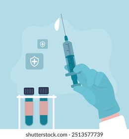 Syringe in hand, closeup view. Hand in medical glove holding syringe with vaccine or antibiotic. Vaccination or medicare concept. Injection syringe with sharp needle in hand. flat vector illustration