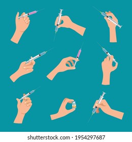 Syringe in hand. Covid vaccination doctor make injection needle treatment concept lab or hospital patient syringe research infection recent vector collection