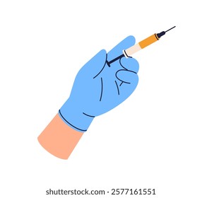 Syringe in hand. Doctor in glove holding sterile needle for injection, vaccine, anesthesia delivery, medical treatment. Injecting cosmetic filler. Flat vector illustration isolated on white background