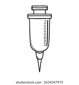 Ícone de doodle de contorno desenhado à mão da seringa. Rótulo de agulha de injeção de esboço de seringa médica. Linha de seringa para cuidados de saúde