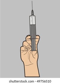 Syringe in the hand isolated on gray. Vector illustration.