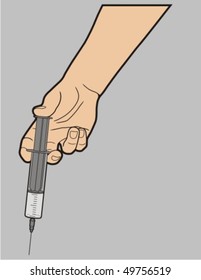Syringe in the hand isolated on gray. Vector illustration.