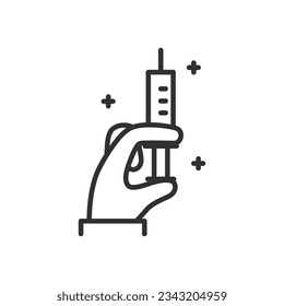 Syringe in hand, linear icon, preparation for injection, injection, vaccine. Line with editable stroke
