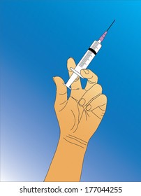 syringe in hand on background blue colors