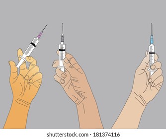 syringe in hand on background gray colors