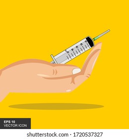 Syringe in hand on yellow background. Vector illustration.

