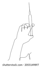 Jeringa en mano. Dibujo de una línea objeto vector aislado a mano en un fondo blanco