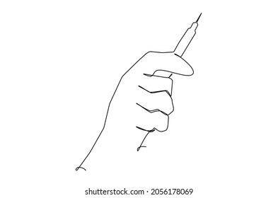 Syringe in hand. One line drawing isolated vector object by hand on a white background