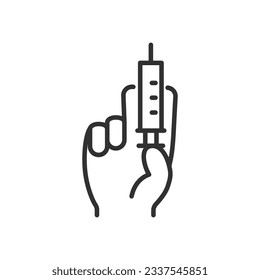 Syringe in hand, preparation for injection, linear icon, injection, vaccine. Line with editable stroke