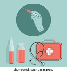 Syringe, a hand in a rubber seal makes an injection, first aid kit, stethoscope, syringe, ampoule - flat style - vector. Patient care. Home care. Treatment room.