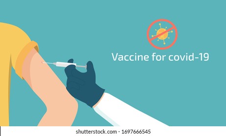 Syringe in hand , vaccination in the arm and stop corona virus. Illustration about protection covid-19 with treat item.