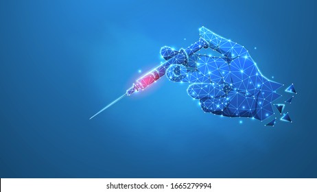 Syringe in a hand. Vaccination, Preventive medicine, health care, concept art of medical treatment. Low poly, wireframe 3d vector illustration. Abstract polygonal image on blue neon background