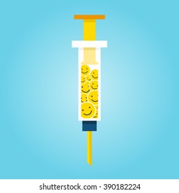 Syringe with happy vaccine, flat Design, Health care and medical concept