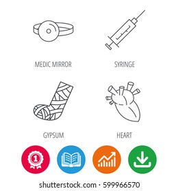 Syringe, heart and gypsum icons. Medical mirror linear sign. Award medal, growth chart and opened book web icons. Download arrow. Vector