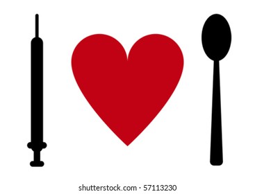 Syringe, heart, spoon.