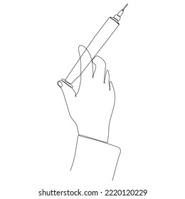 Syringe holding gloved hand, single line art, continuous drawing contour. Corona virus vaccination, health care injection, treatment, precautions. Medical concept, injection dose