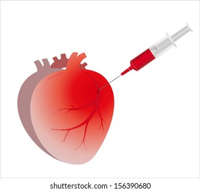 Syringe and human heart. Vector on white background