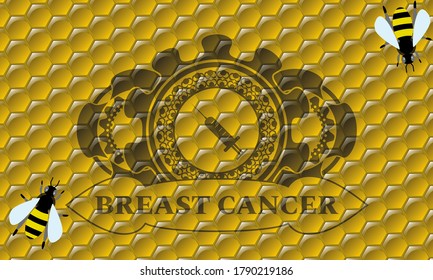 Syringe icon and Breast Cancer text sweet honey bees realistic badge. beekeeping fancy background. Vector illustration. 