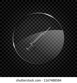 Icono de la jeringa. Icono en la burbuja de vidrio circular en la cuadrícula transparente oscura. Estilo de cristal