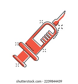 Syringe icon in comic style. Coronavirus vaccine inject cartoon vector illustration on isolated background. Covid-19 vaccination splash effect sign business concept.