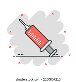 Syringe icon in comic style. Coronavirus vaccine inject cartoon vector illustration on isolated background. Covid-19 vaccination splash effect sign business concept.