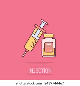 Syringe icon in comic style. Coronavirus vaccine inject cartoon vector illustration on isolated background. Covid-19 vaccination splash effect sign business concept.