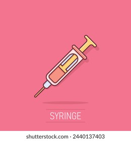 Syringe icon in comic style. Coronavirus vaccine inject cartoon vector illustration on isolated background. Covid-19 vaccination splash effect sign business concept.