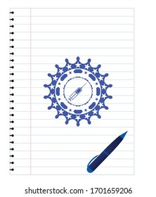 Dibujo del icono de la jeringa con efecto de pluma. Tinta azul. Ilustración vectorial. Detallado.