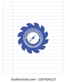 syringe icon emblem with pen effect. Blue ink. Vector Illustration. Detailed.