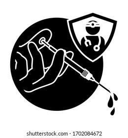 Syringe icon with hand in the circle. Shield symbol illustration.