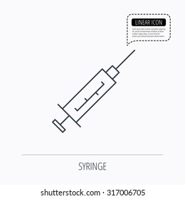 Syringe icon. Injection or vaccine instrument sign. Laboratory analyze symbol. Linear outline icon. Speech bubble of dotted line. Vector