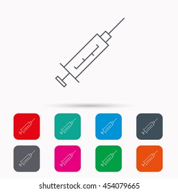 Syringe icon. Injection or vaccine instrument sign. Laboratory analyze symbol. Linear icons in squares on white background. Flat web symbols. Vector