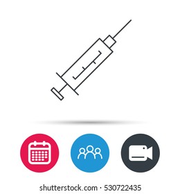 Syringe icon. Injection or vaccine instrument sign. Laboratory analyze symbol. Group of people, video cam and calendar icons. Vector