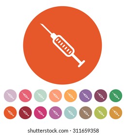 The syringe icon. Injector and hypodermic, preparation, medicine,  vaccine symbol. Flat Vector illustration. Button Set
