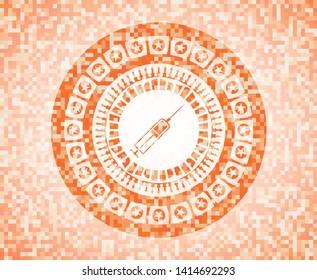 syringe icon inside abstract emblem, orange mosaic background