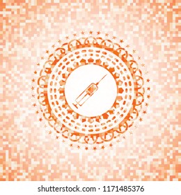 syringe icon inside abstract orange mosaic emblem