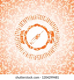 syringe icon inside abstract orange mosaic emblem with background