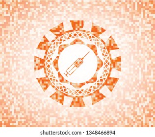 syringe icon inside abstract orange mosaic emblem