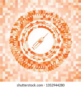 syringe icon inside abstract orange mosaic emblem with background