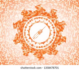 syringe icon inside abstract orange mosaic emblem
