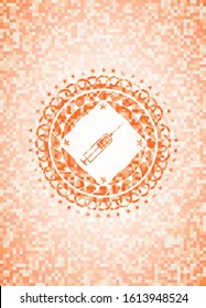 syringe icon inside abstract orange mosaic emblem with background