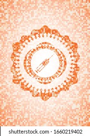 syringe icon inside abstract orange mosaic emblem with background