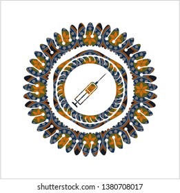 syringe icon inside arabesque emblem background. arabic decoration.