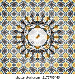 syringe icon inside arabesque style badge. arabic decoration. 