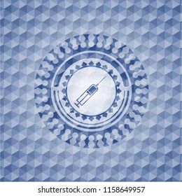 syringe icon inside blue emblem or badge with abstract geometric polygonal pattern background.