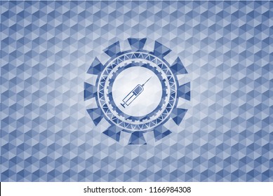 syringe icon inside blue emblem with geometric pattern.