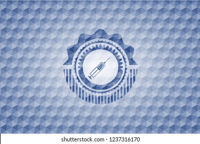 syringe icon inside blue emblem with geometric background.